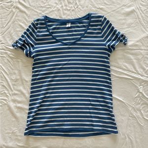 Old Navy Blue and White Striped Shirt with Short Bow Sleeves (Size Medium)